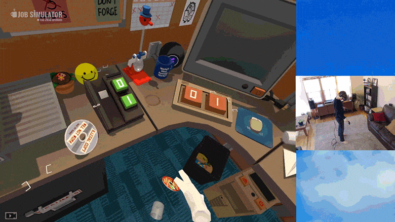 Being a perfectly reasonable employee in Job Simulator. The Vive controllers are rendered in-game as white hands.