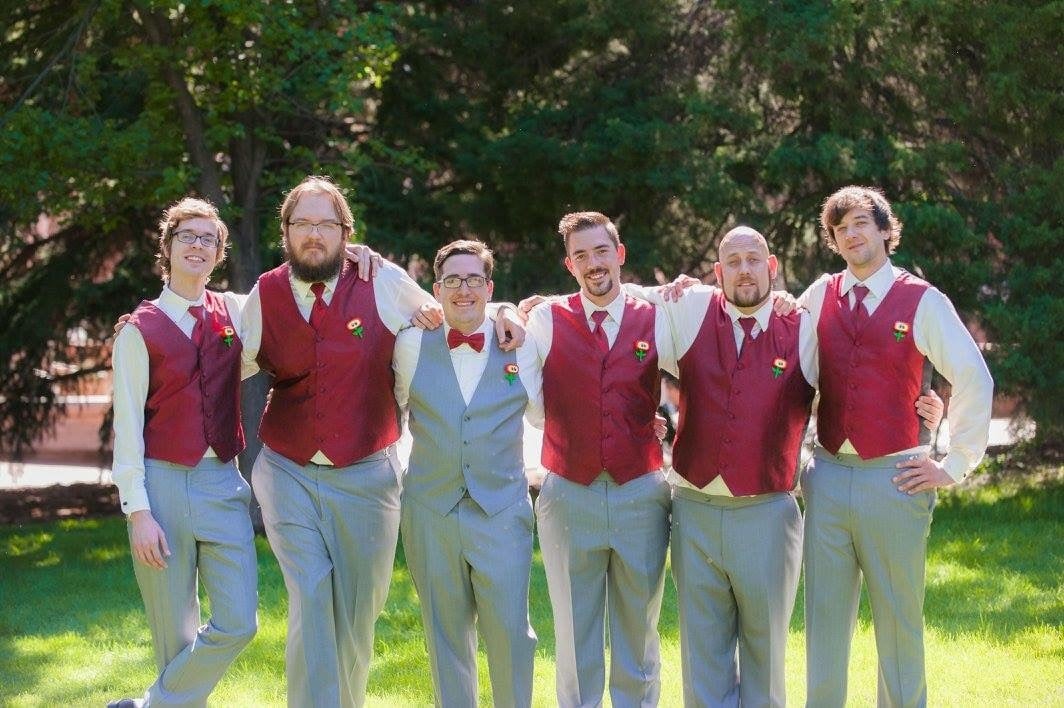 My groomsmen and I, in our Butcher-red ties