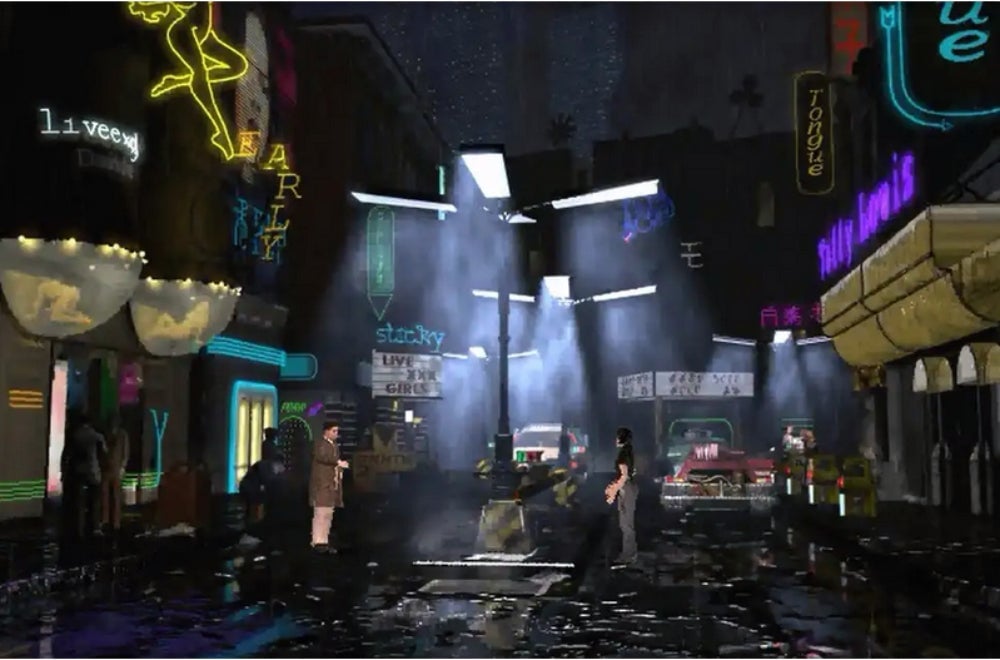 Moody neon rain vibes.