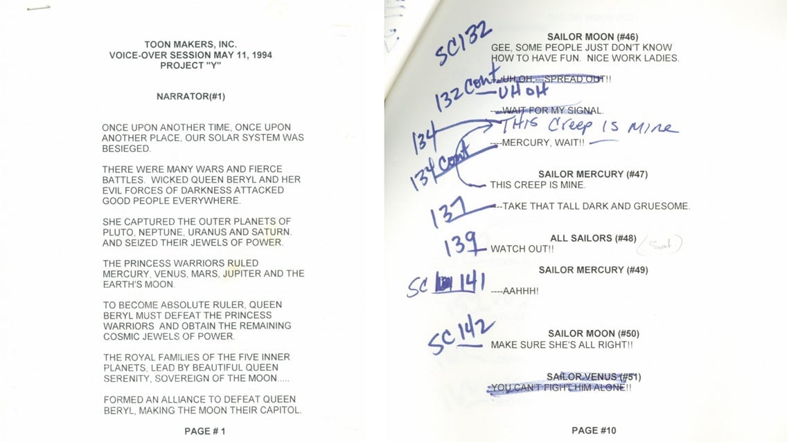 Two script pages from Toon Maker’s American Sailor Moon show.