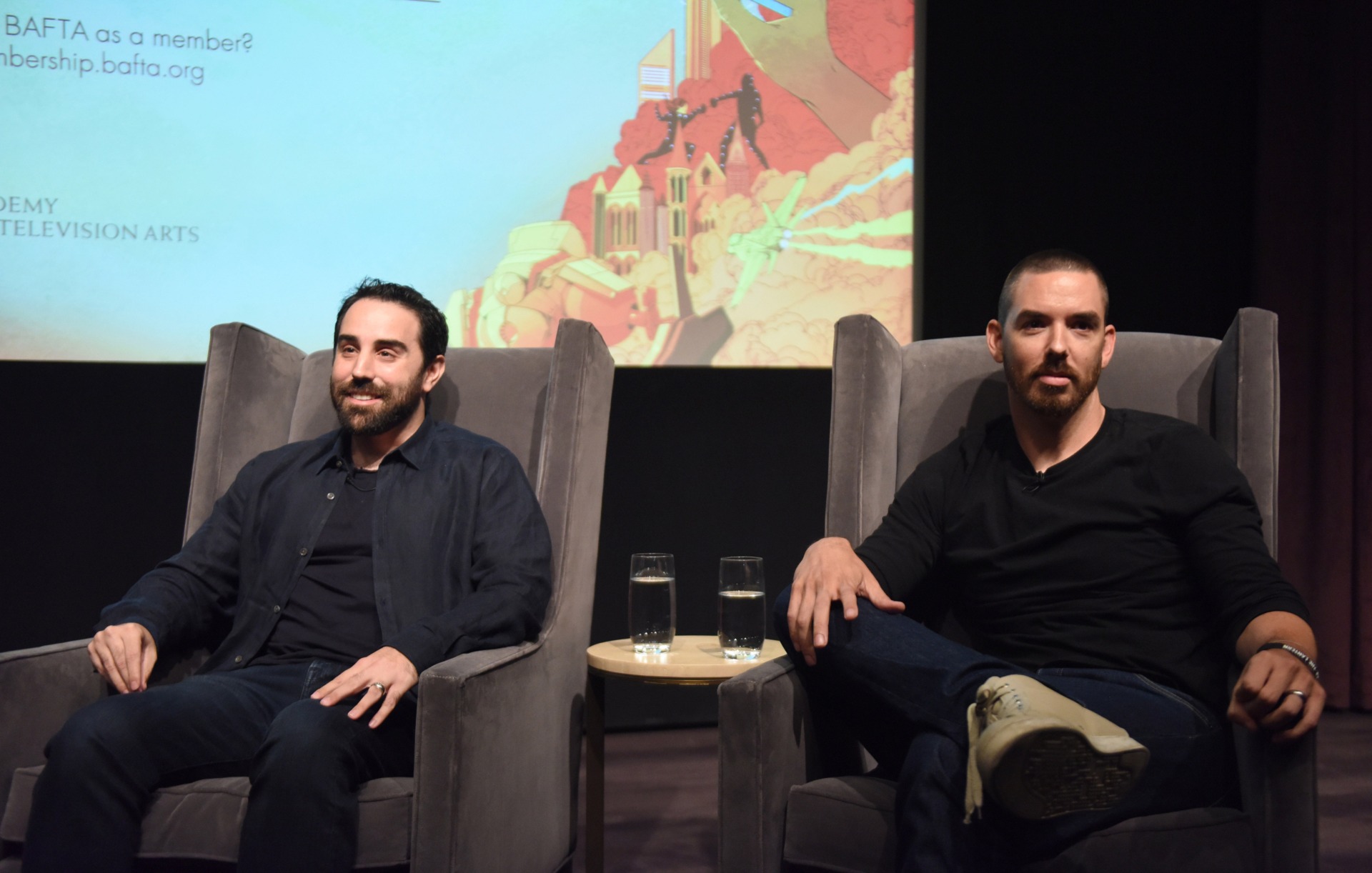 Riot Games co-founders Brandon Beck and Marc Merrill speaking at BAFTA
