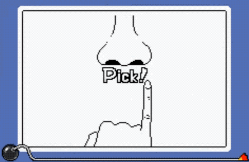The pinky nose-pick from WarioWare (captured and uploaded by the YouTuber Nintendius)