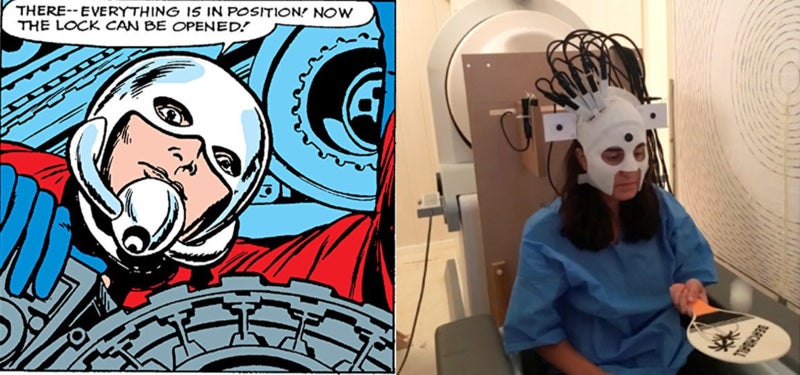 Advances to MEG have allowed this scanner to be wearable taking a similar form to Ant-Man’s original helmet (but not as convenient as something that fits behind your ear). Astonishing Tales #36 / (Image credit: Nature)