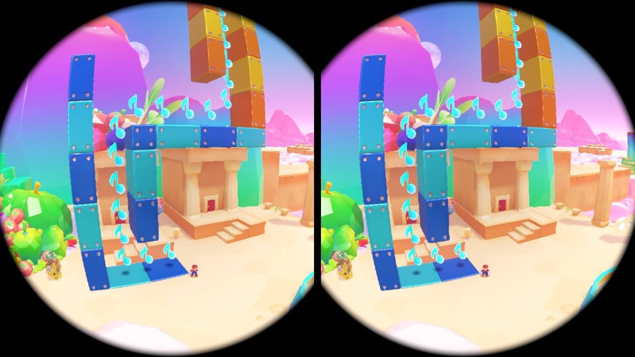 Challenges like this could look cool in VR if they didn’t seem so far away. Unfortunately, Switch VR for Mario Odyssey works with fixed camera positions. The sense of scale afforded by more advanced VR set-ups that allow for movement within a VR world, is limited here.