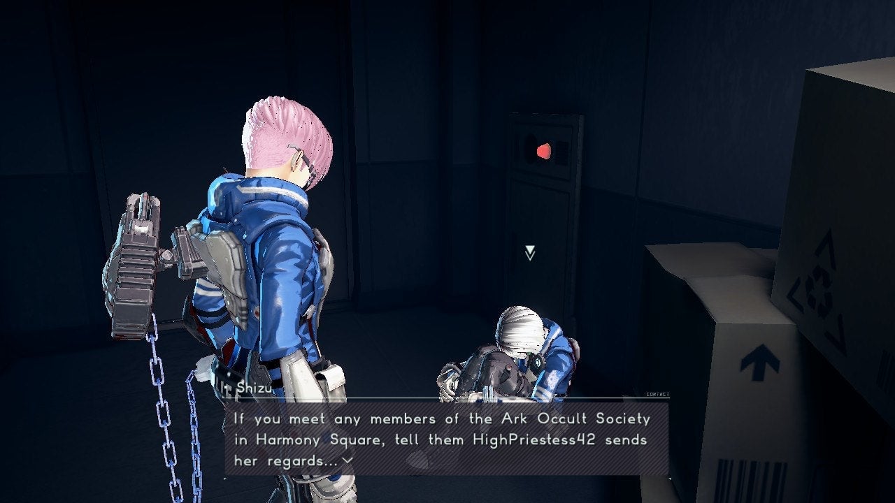 Shizu is curled in a ball in a dark hallway of the training level. She’s weird. I love her.