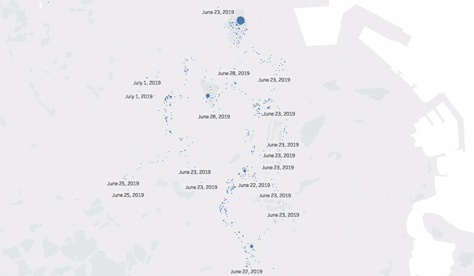 A map created with points of location data collected by Niantic from a Harry Potter: Wizards Unite player.