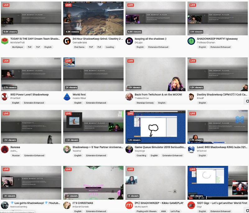 Twitch’s page of Destiny 2 streamers, just after 5pm ET on launch day. Image inspired by a Tweet from YouTuber SkillUp