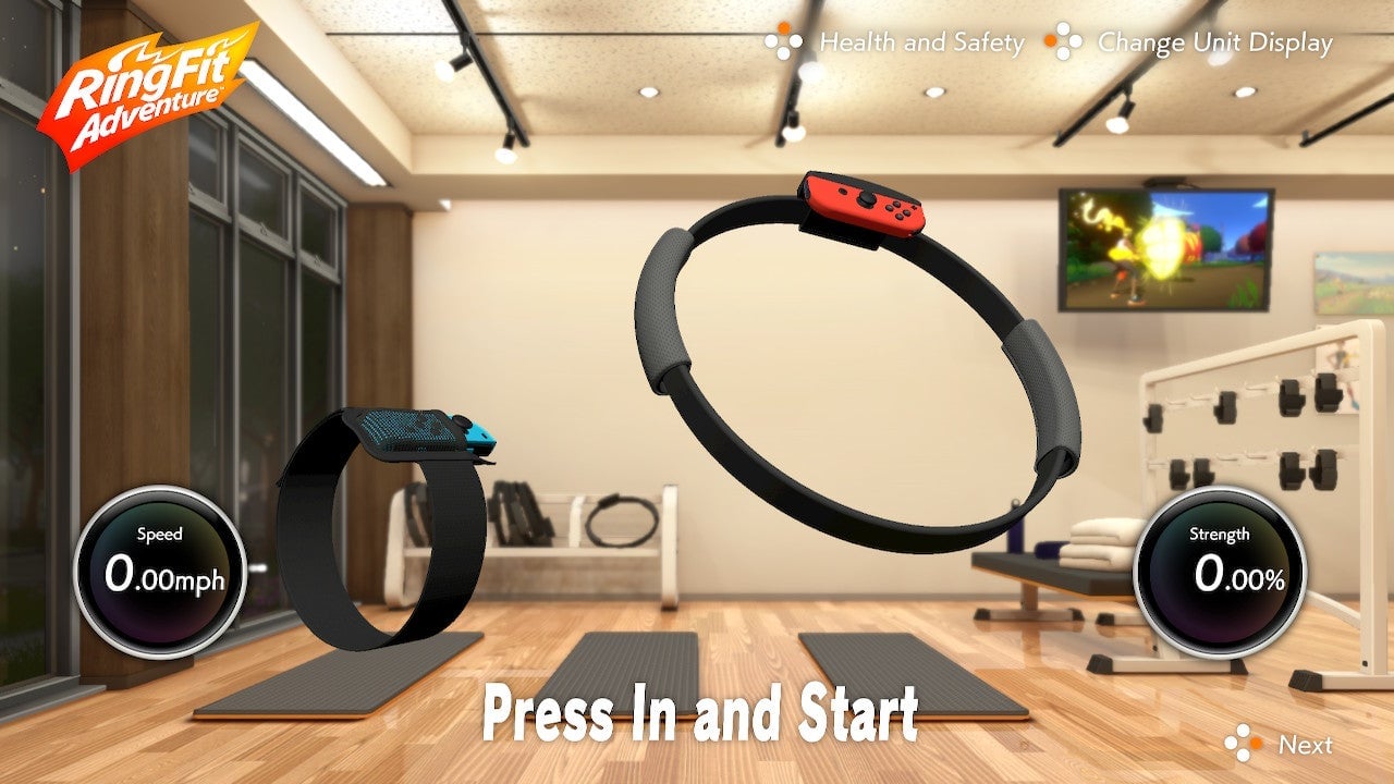 Ring Fit Adventure comes with a leg strap and a tension ring which combine with the Switch’s Joy-Con controllers to track the user’s workout movements.