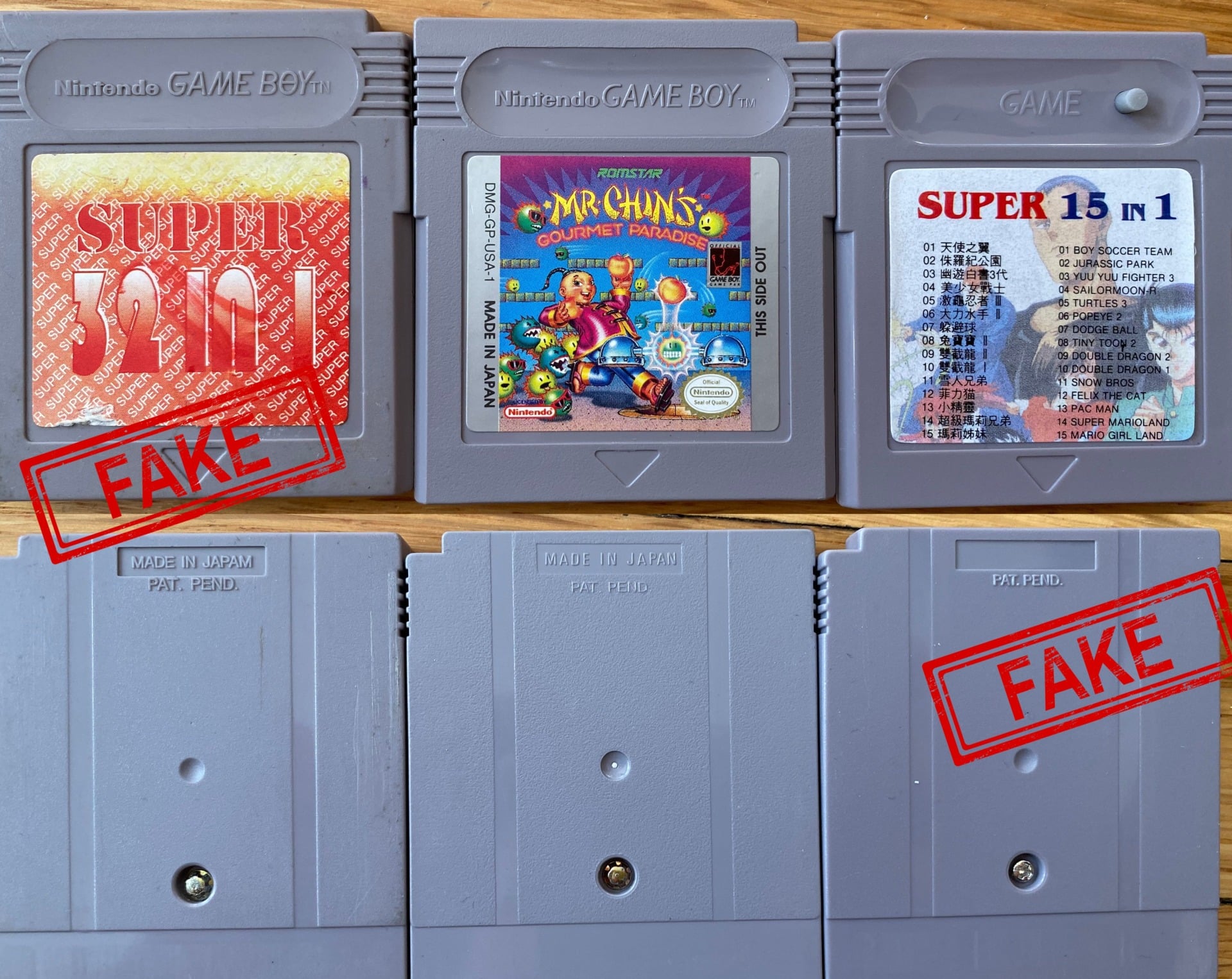 An authentic Game Boy game (center) and two fakes (left and right). Note what’s wrong with the shells in both cases: The game on the right just says “GAME” where it should say “Nintendo GAME BOY,” and the one on the left alters the logo, perhaps out of some misplaced belief that it would get them off the hook for trademark infringement. On the reverse, one game eliminates the “Made In Japan” text, while the other opts to invent a fictitious country of manufacture, “japam.”