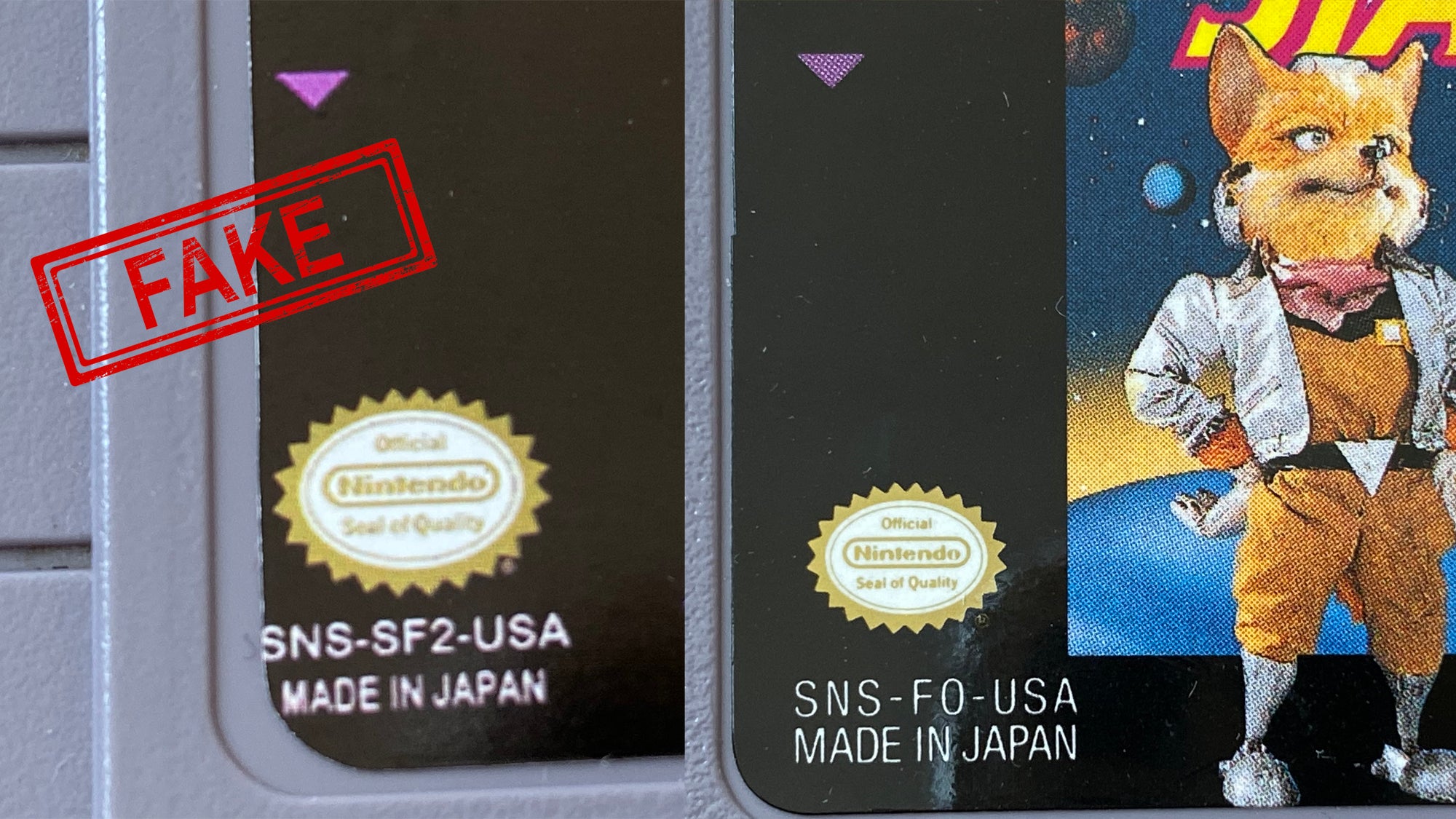 Close-up details of a hand-made, unauthentic Super NES game label (left) and an official one (right). Note that the fake label has a blurry Nintendo Seal of Quality, blurry text that’s cut off one side of the label, and an incorrect font. It’s also not properly cut or centered on the cartridge itself.