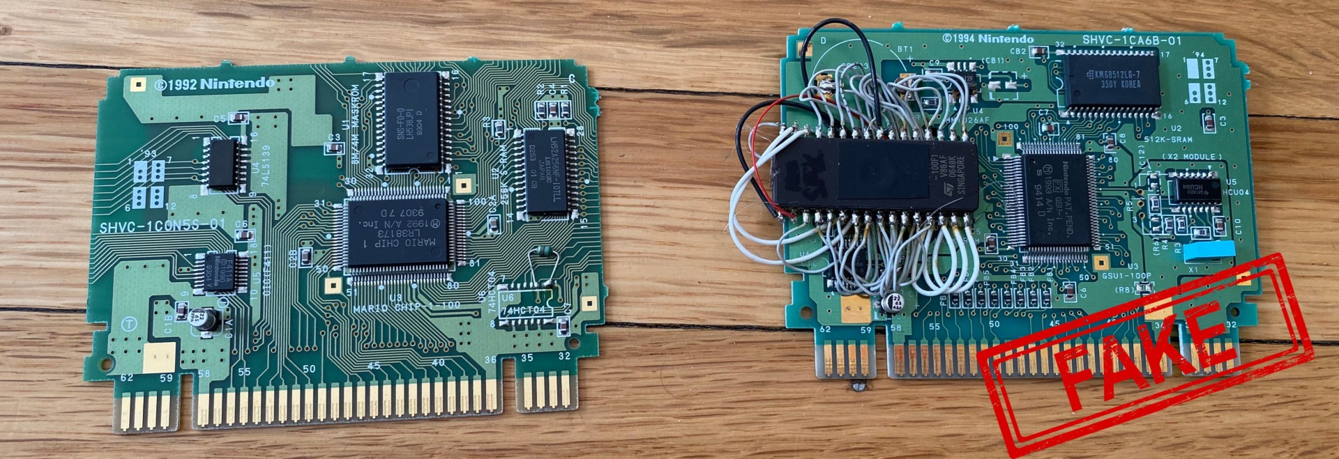 A factory-fresh Super Nintendo game board (left) and one that’s been altered to put a different game on it (right). You’re not going to see that rat’s nest of hand-soldered wires on any official Nintendo game.