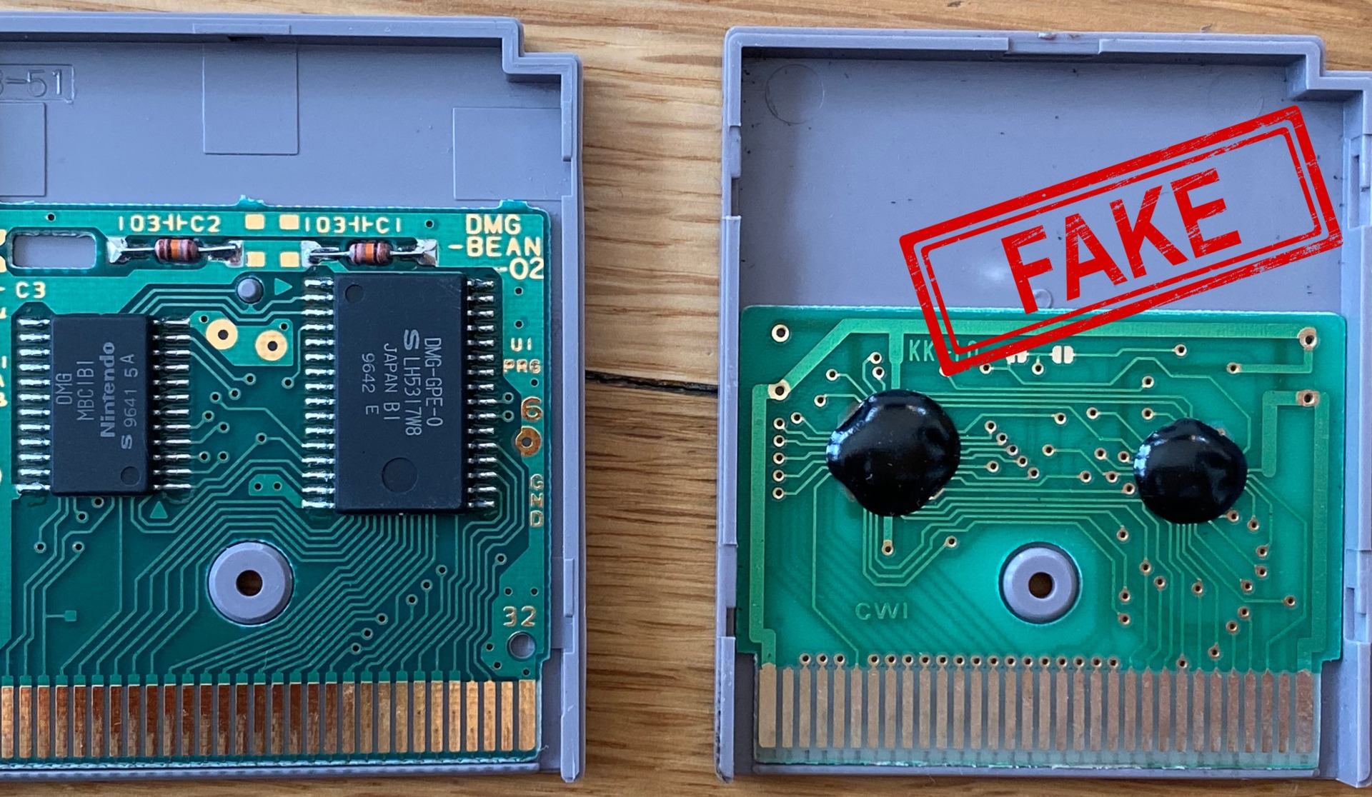 An authentic Game Boy game board (left) and a mass-produced fake (right). Note the presence of a Nintendo-branded chip on the real game, and the use of “glob-top” chips on the right, which is almost never used in authentic Nintendo games.