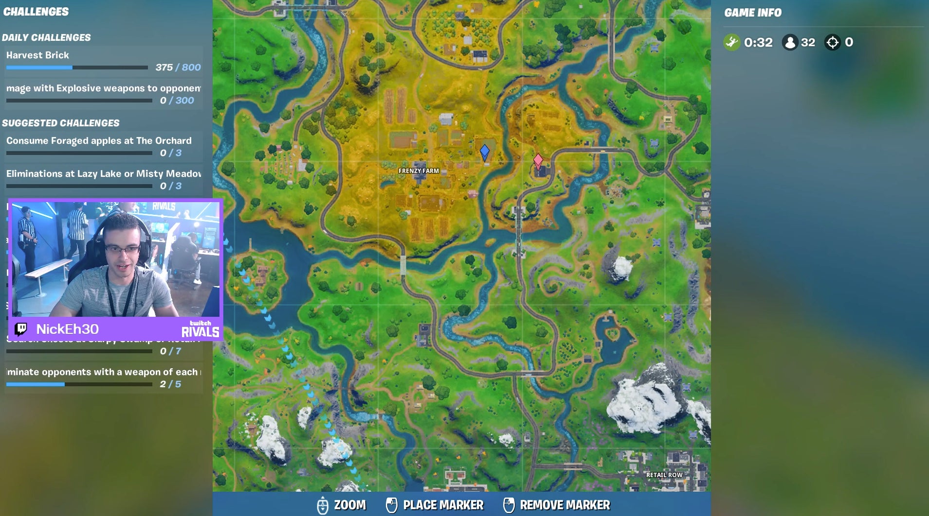 NickEh30 and Morgan landing during the Streamer Bowl. Morgan’s marker, which is pink, is at the edge of the allowed grid squares. Nick’s, which is blue, is outside the allowed area. 