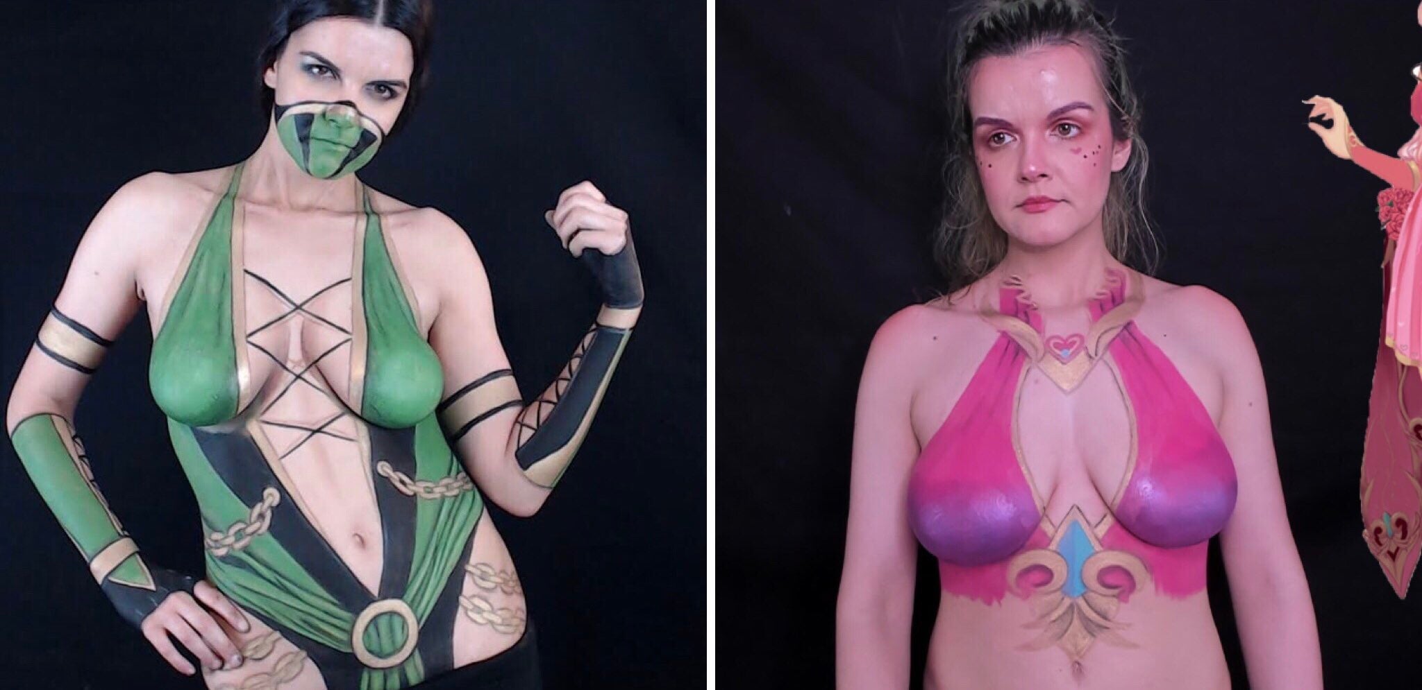 Left: a body paint piece that didn’t get Forkgirl in trouble, Right: the one that did
