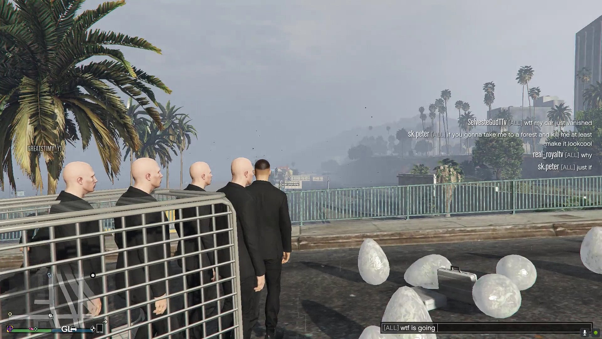 Random items and NPCs spawned right on top of a player in a GTA Online lobby. 