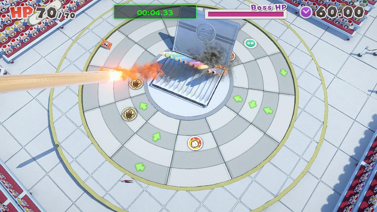 Some boss battles are against “real-life” items, like this box of colored pencils.