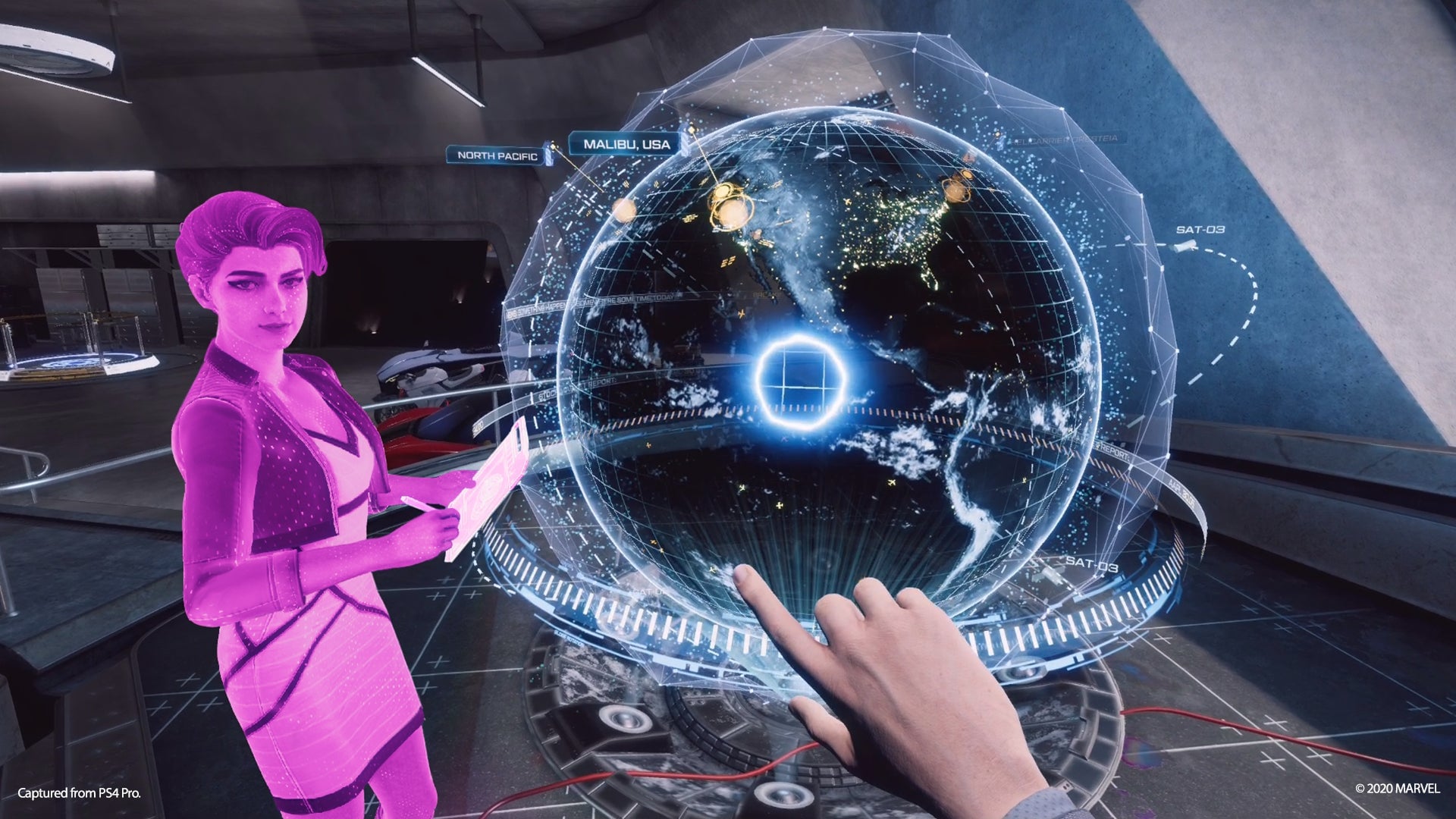 Friday, your suit AI, also has a purple hologram form and talks to you throughout the game. 