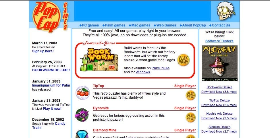PopCap’s website circa 2003.