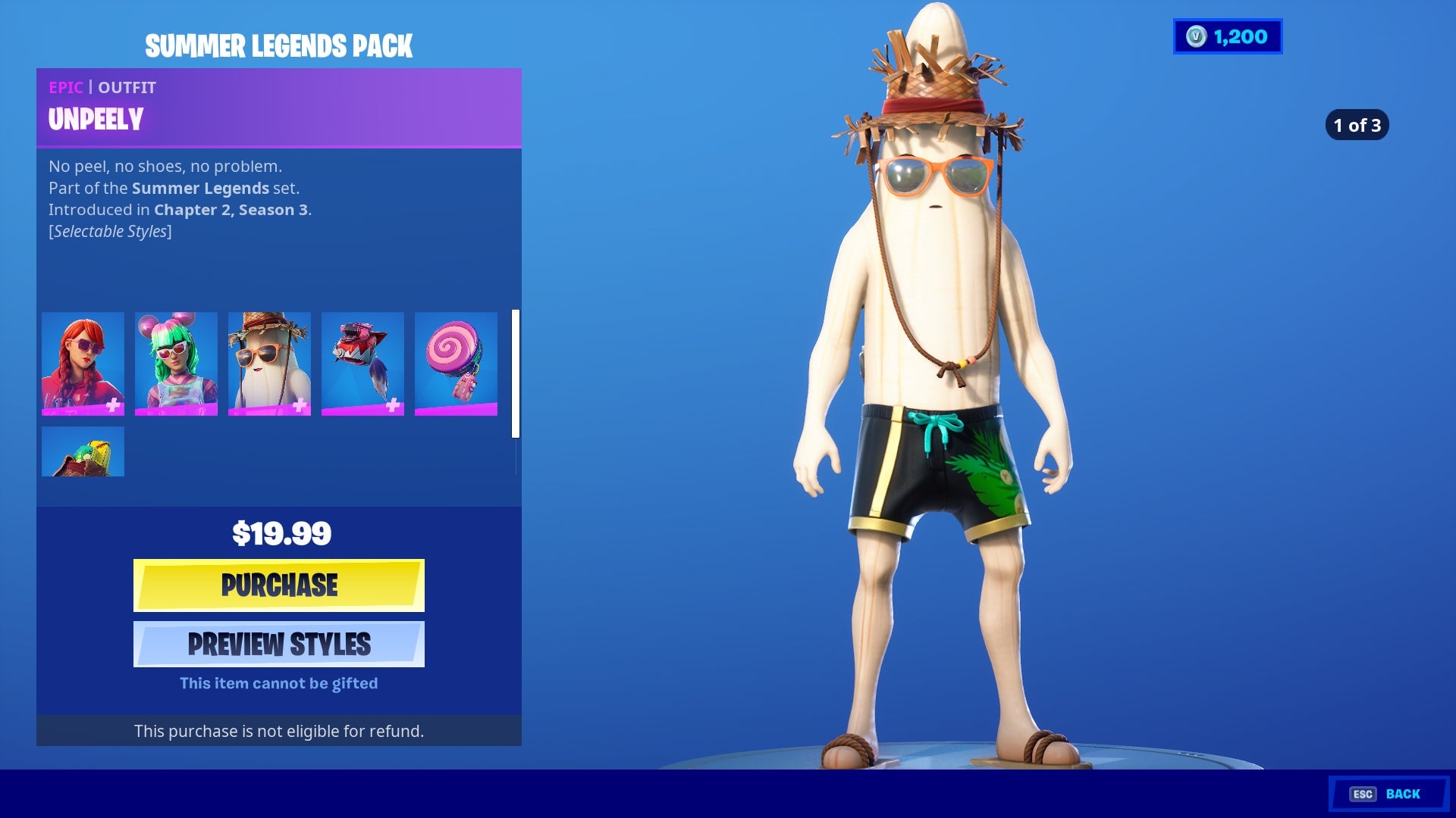 Fortnite’s Unpeely skin in a hat, glasses, and swim trunks.