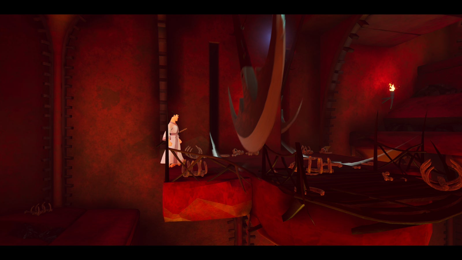 Sometimes the game shifts to a 2.5D perspective, as with this swinging blade situation. 