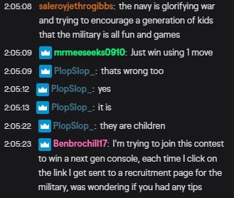 Twitch chat during a recent Navy stream.