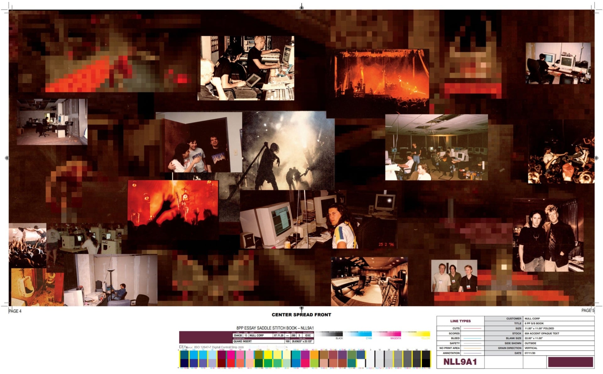 One of the pages of the now-removed booklet, showing a montage of scenes from both Quake’s development and the creation of the game’s soundtrack.
