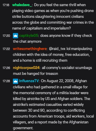 Twitch chat during a recent Army stream.