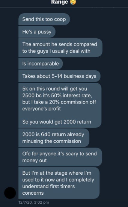 Messages show Raangee offering a 50 percent interest rate on investments.