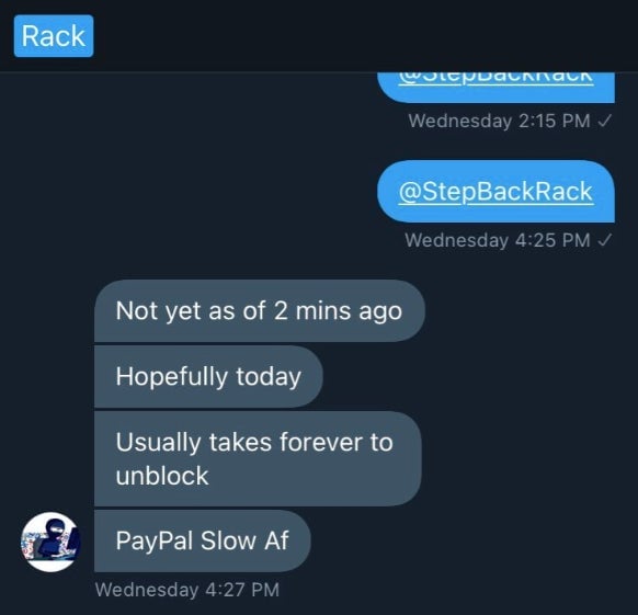 Screenshots show “Rack” allegedly stalling payments to victims by claiming he was experiencing PayPal issues.
