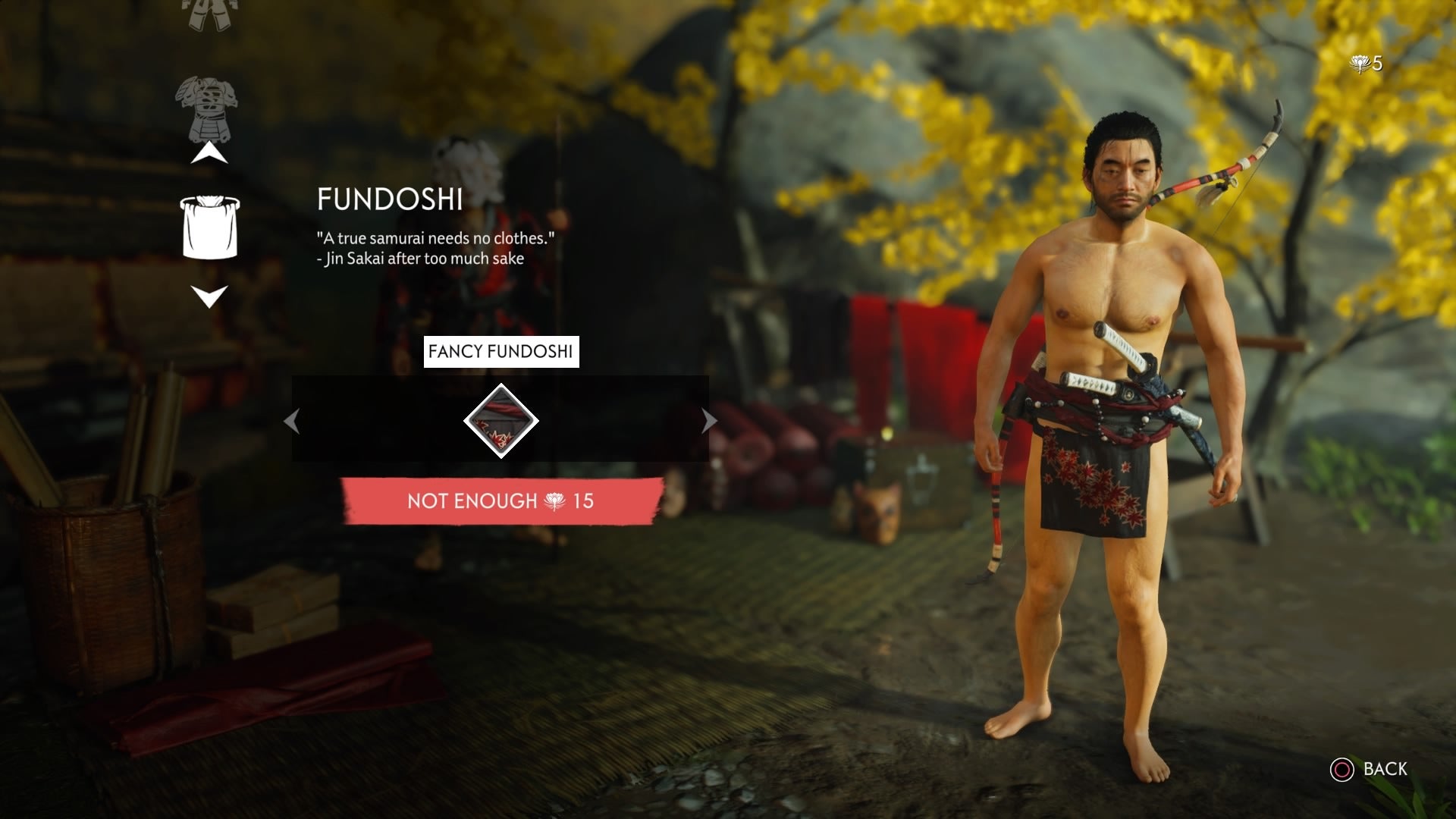 The new fundoshi is more luxe than the featureless cream-colored one from the first playthrough.