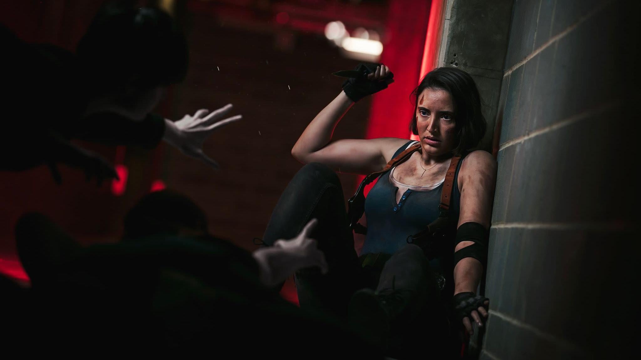 The zombie shot in question. Both zombies actually had masks on since they were close, but these were removed in post. Cosplay by seasoflions