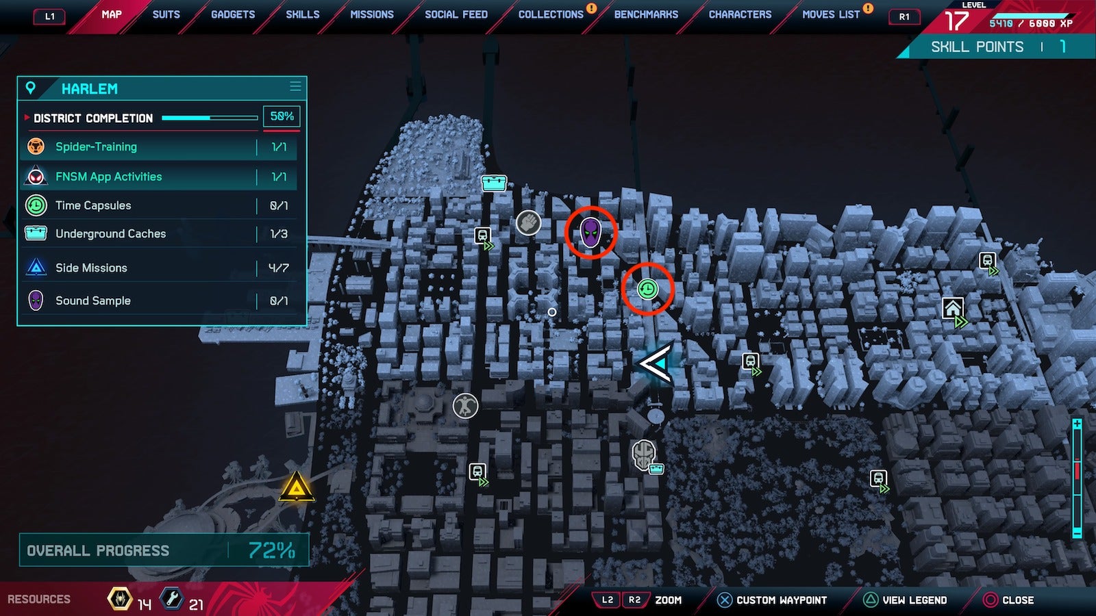 In Spider-Man: Miles Morales, you might want to track down a time capsule or solve a sound sample (both circled) before heading to the main mission (not circled, because it’s a giant yellow triangle and you can’t miss it).