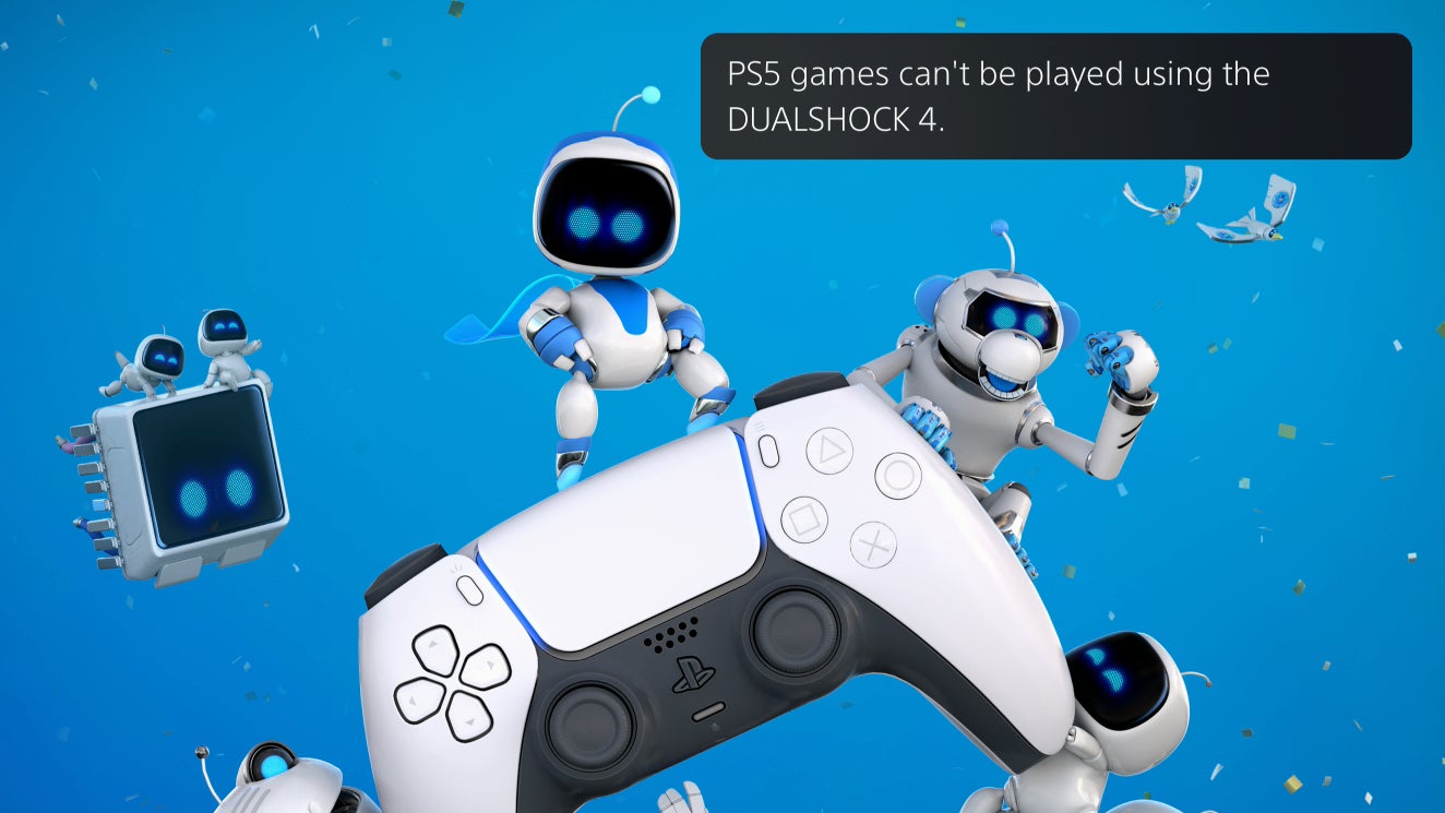 Trying to load a PS5 game, like Astro’s Playroom, with a DualShock 4 will result in this error message. (Note: This is zoomed in a bit.)