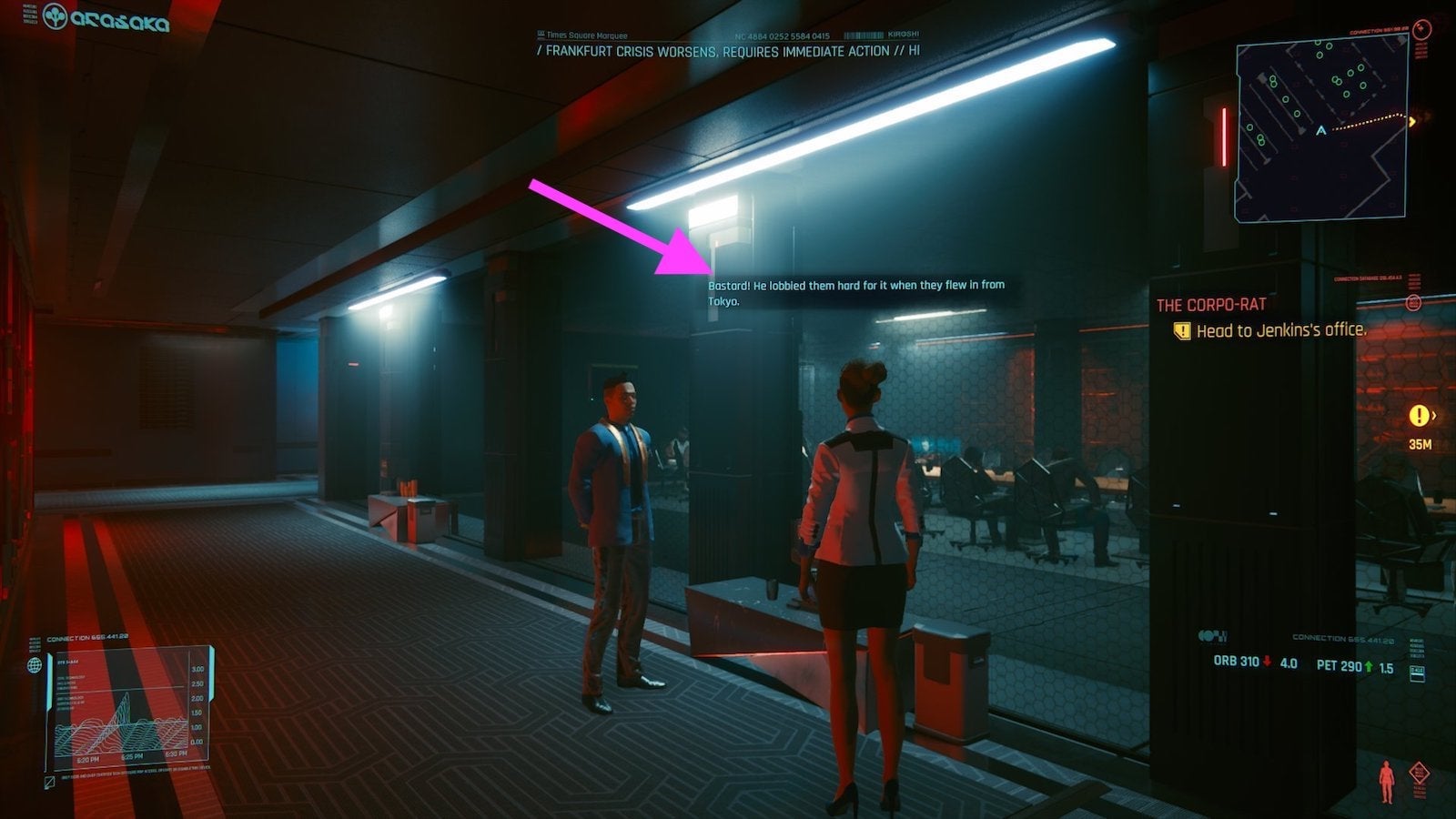 An example of background chatter, as seen in the early moments of Cyberpunk 2077's Corpo storyline.