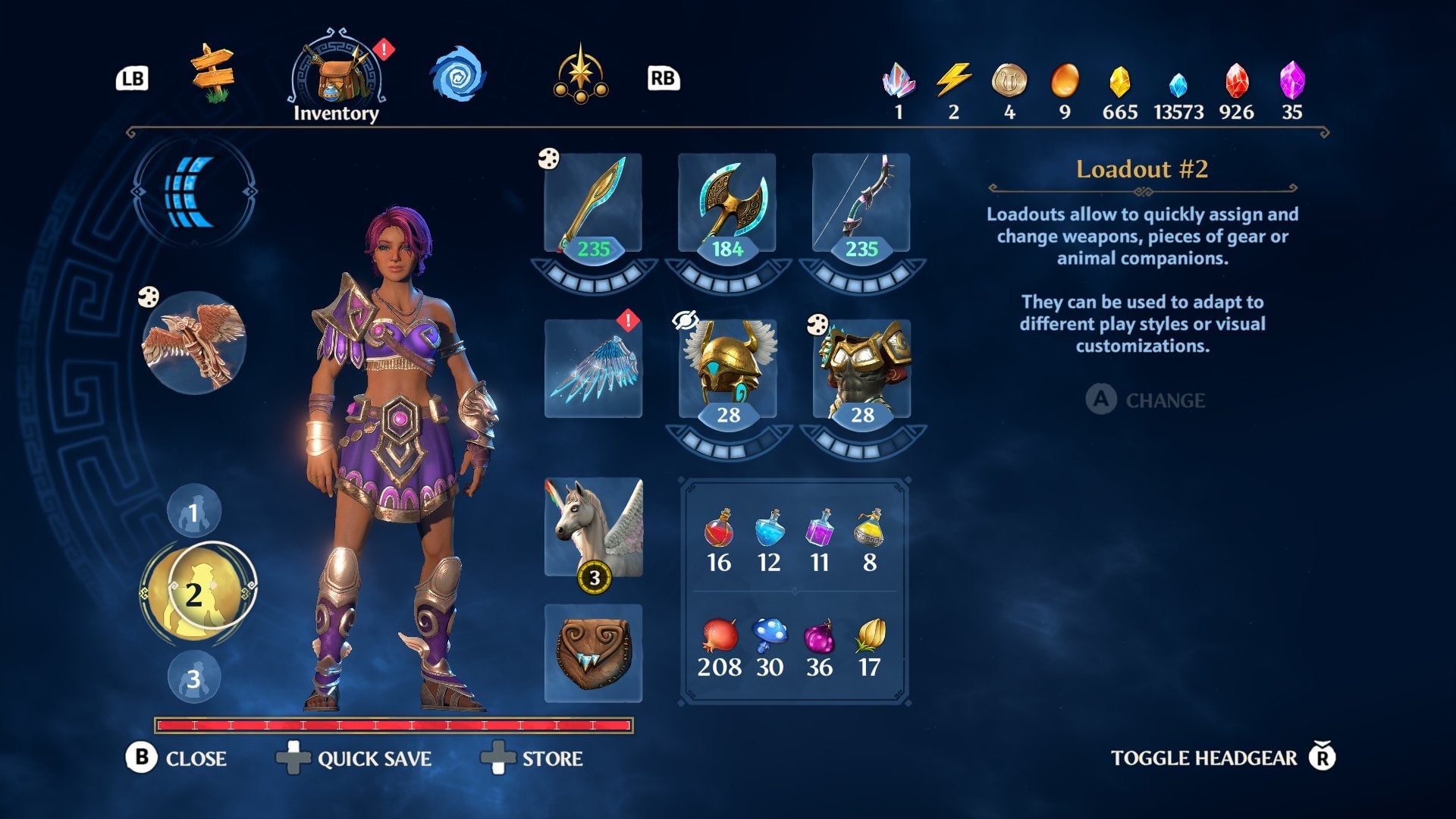 Immortals Fenyx Rising handles loadouts with elegant simplicitity.