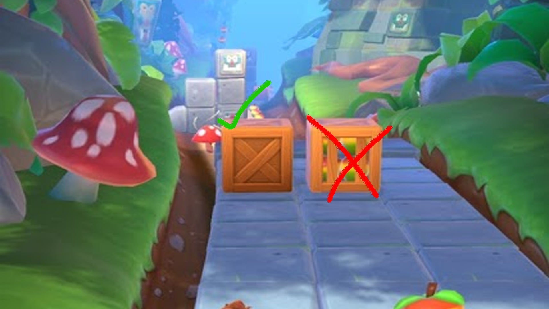 On the left, a normal crate. These are fun to spin-bash. On the right, a bounce crate. You SHOULD jump on these...