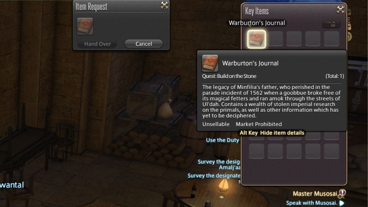 “The legacy of Minfilia’s father, who perished in the parade incident of 1562 when a goobbue broke free of its magical fetters and ran amok through the streets of Ul’dah. Contains a wealth of stolen imperial research on the primals, as well as other information which has yet to be deciphered.”