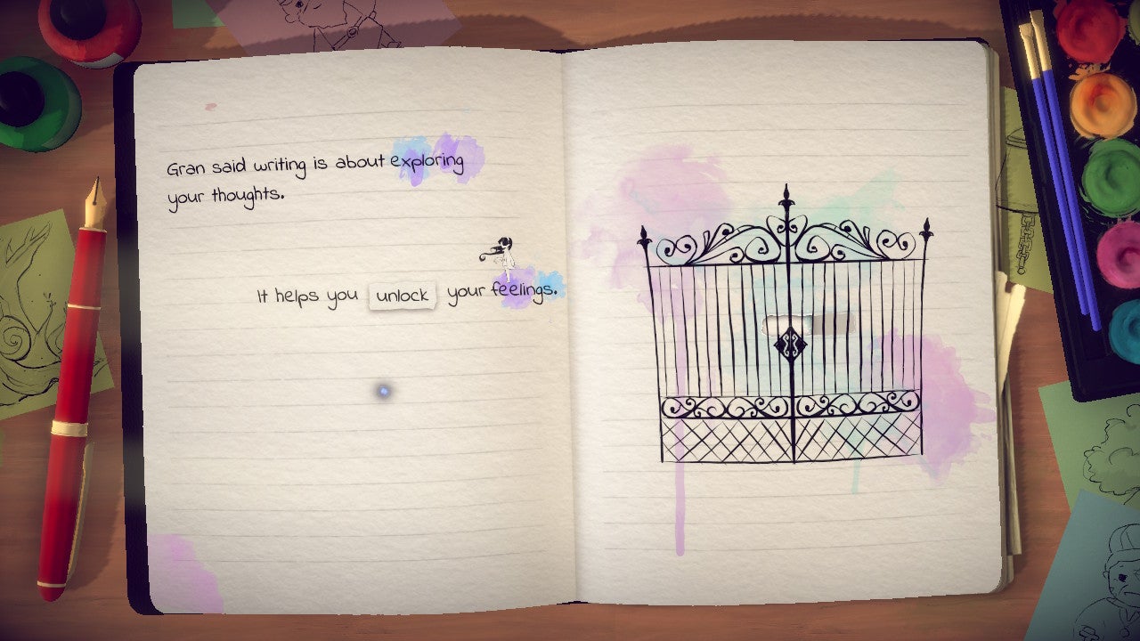 Sometimes you need to manipulate Izzy’s journal. For instance, here, you need to drag “unlock” to the locked gate on the opposite page.