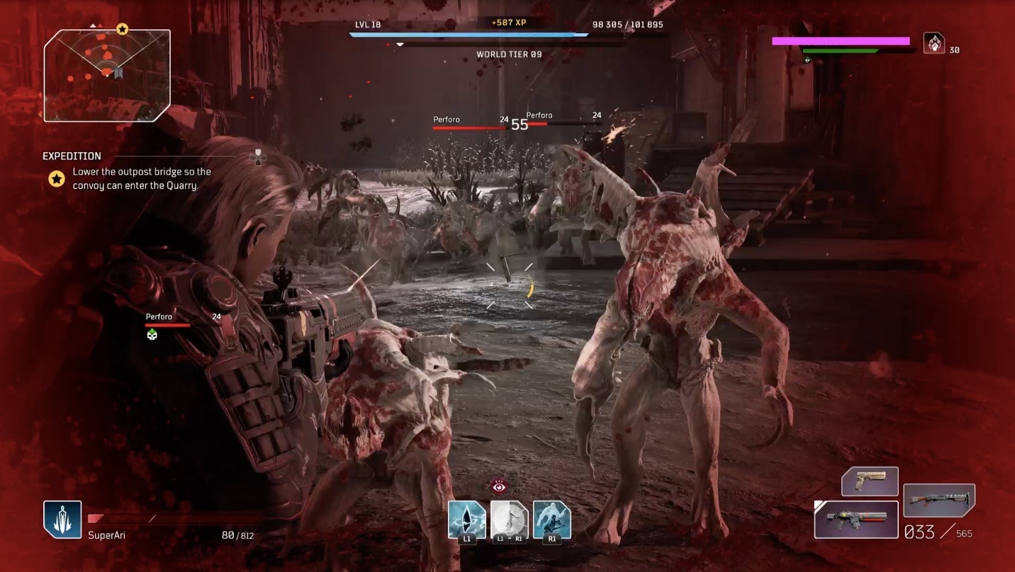 In Outriders, you  don’t need a blood-red screen to know you’re going to die. You can just look at your health bar.