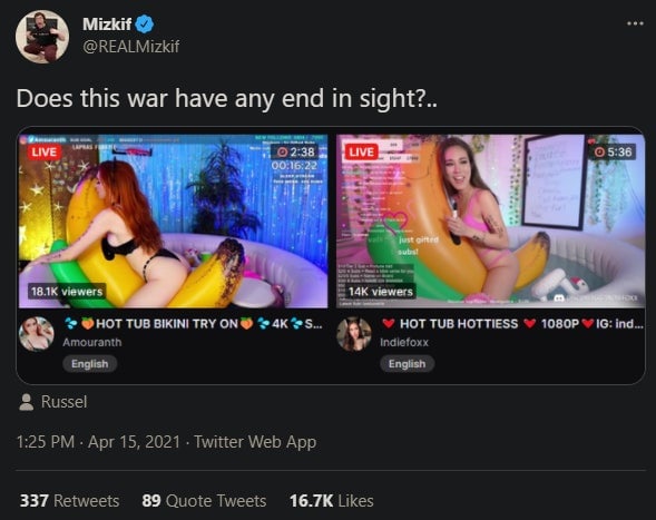 A tweet from popular streamer Mizkif referencing streamer drama that people nonetheless used as a springboard to voice their opinions about how hot tub streams are ruining Twitch.