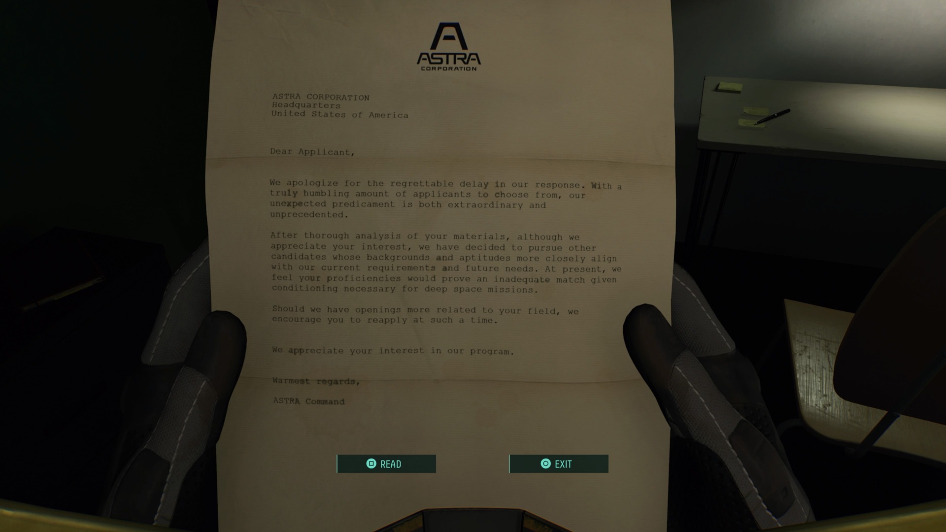 Returnal pointedly obscures the recipient of Astra’s rejection letter, merely addressing “Dear applicant.”