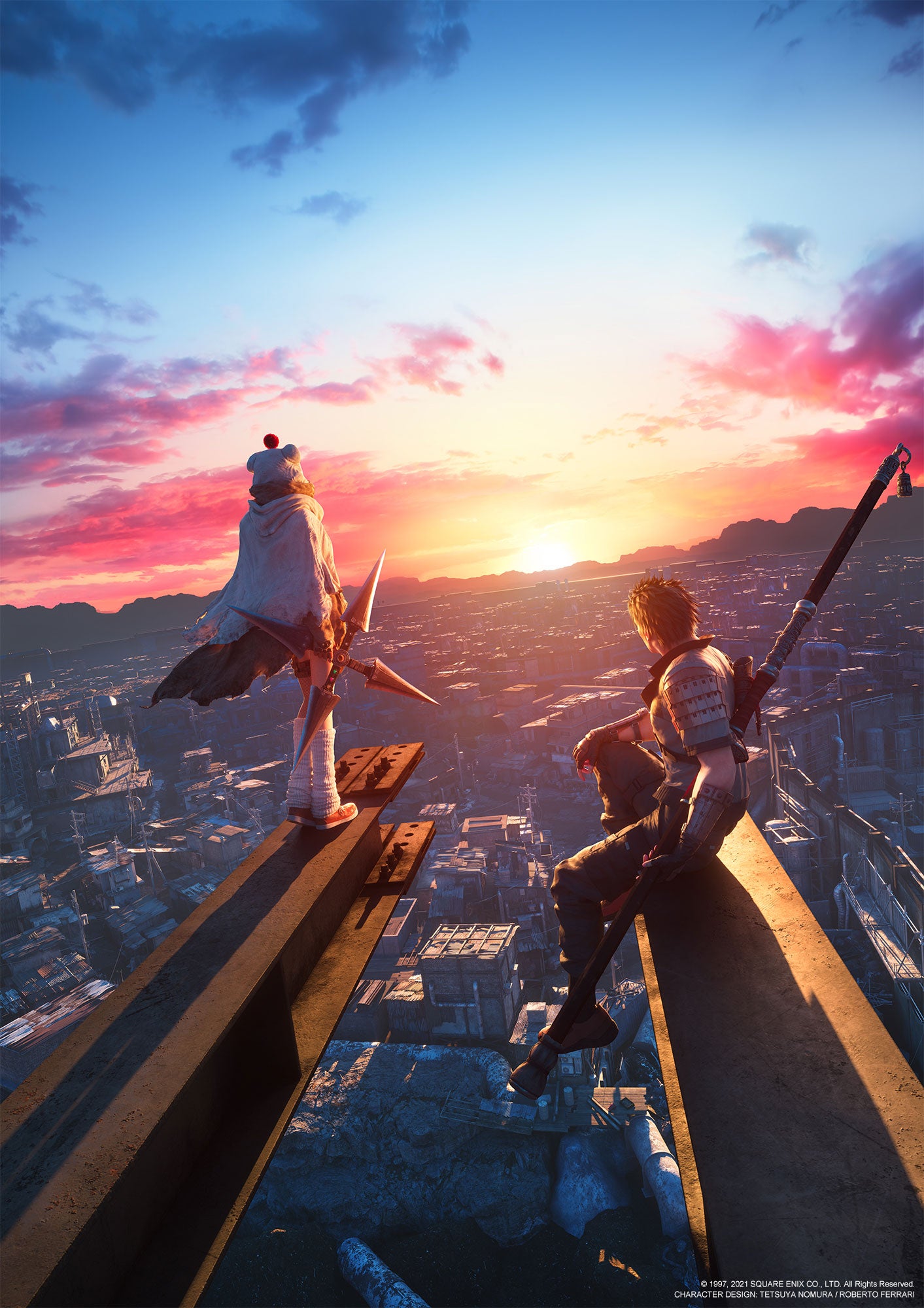 Yuffie and Sonon look out over the landscape, perching like ninjas