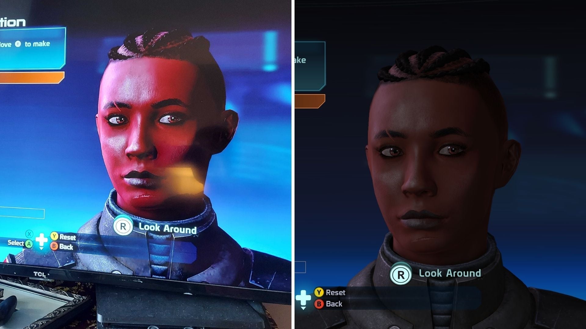 On my computer screen, Shepard looks fairly normal. On TV, she’s a tiefling. Also, what’s up with those cornrows?
