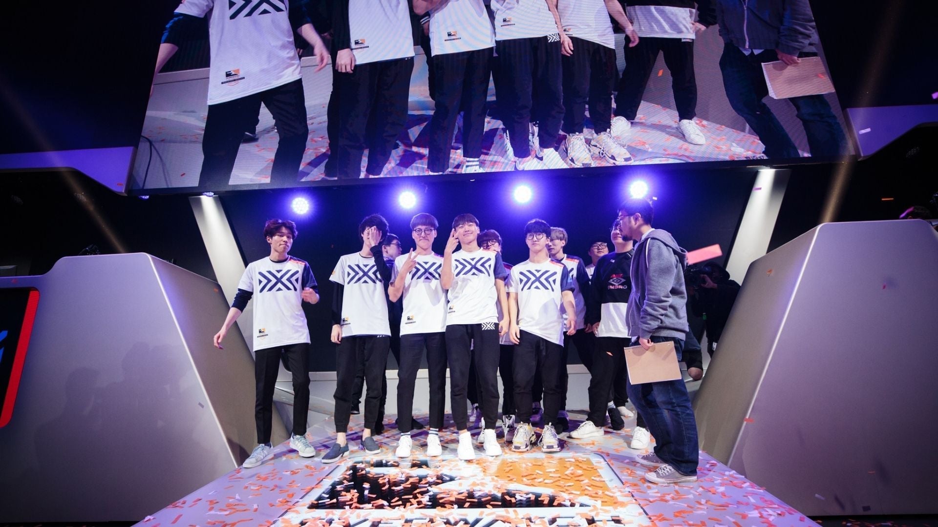 Park (far left) celebrates with his team after winning the Overwatch League Stage Three Championship tournament.