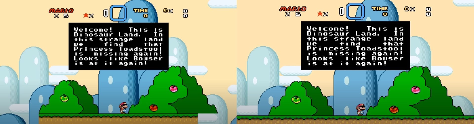 Left: playing SMW using a regular widescreen mod | Right: playing SMW on this custom widescreen release
