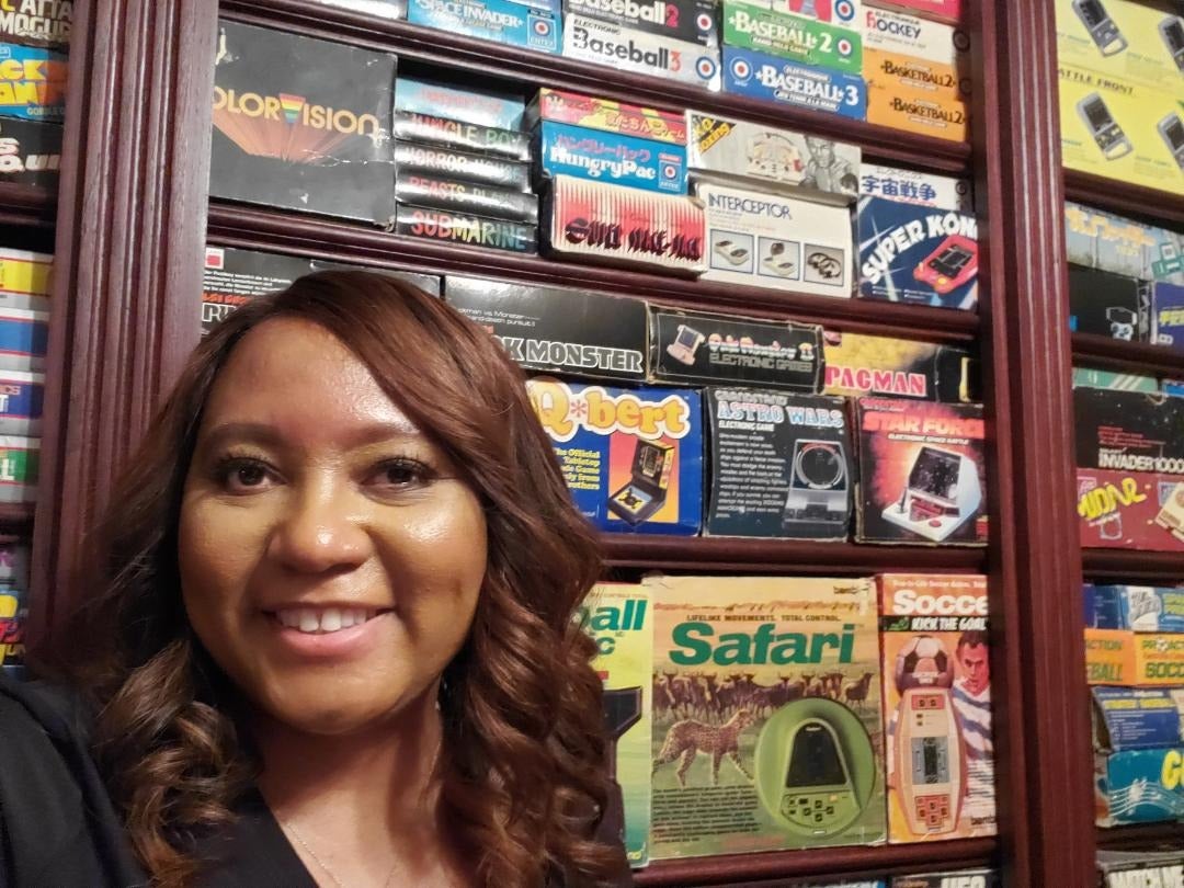 Linda Guillory in front of her prized collection.