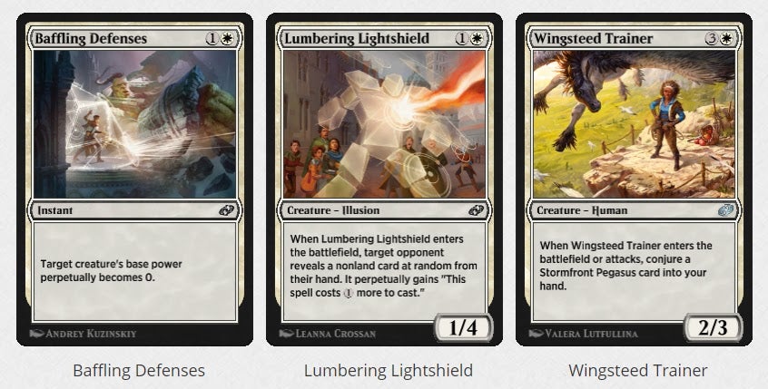 Three new white mana cards showing off some of the new digital-exclusive mechanics. 