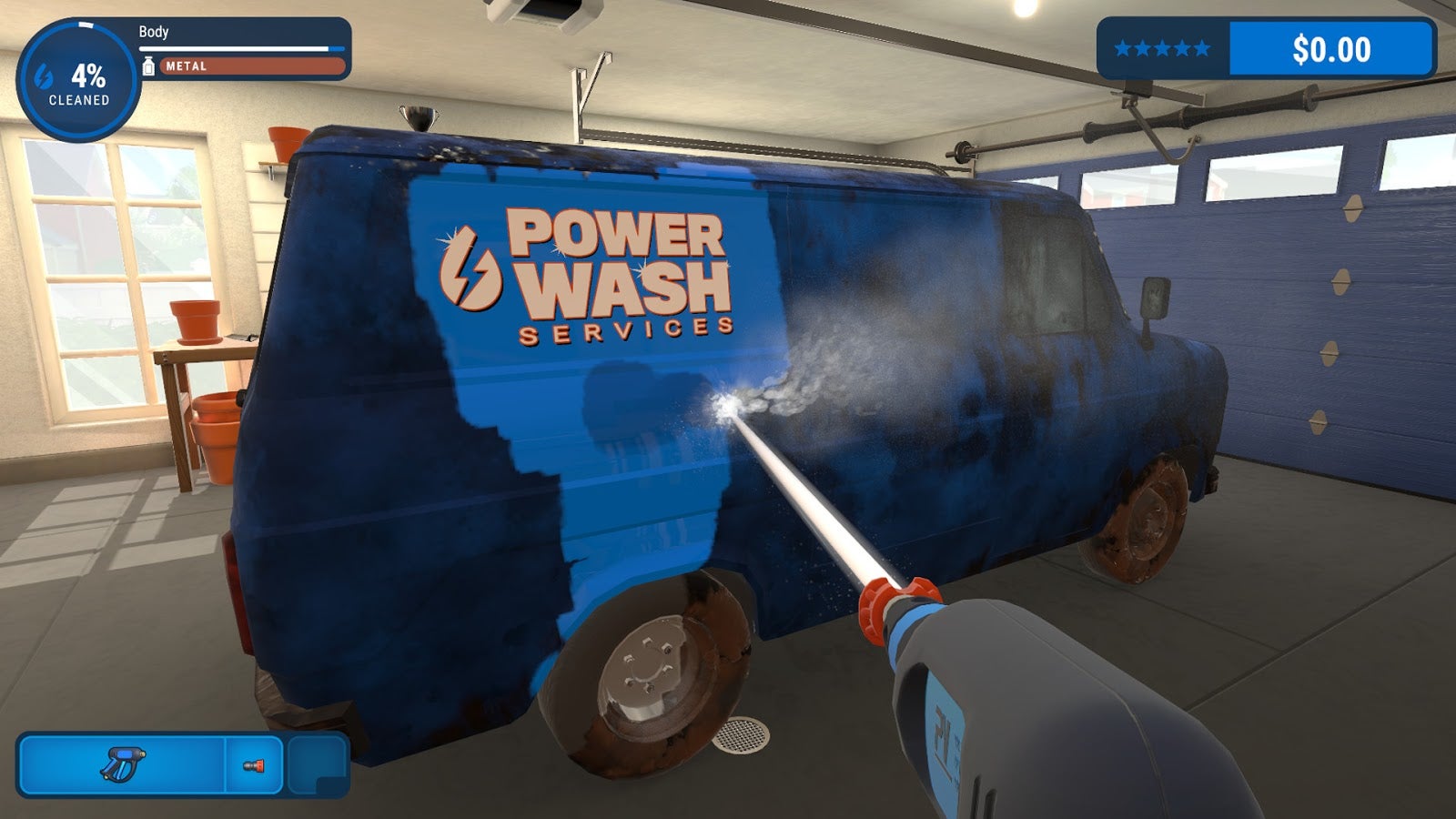 The first job in PowerWash Simulator is cleaning this horrible van. You gotta get those tires. 