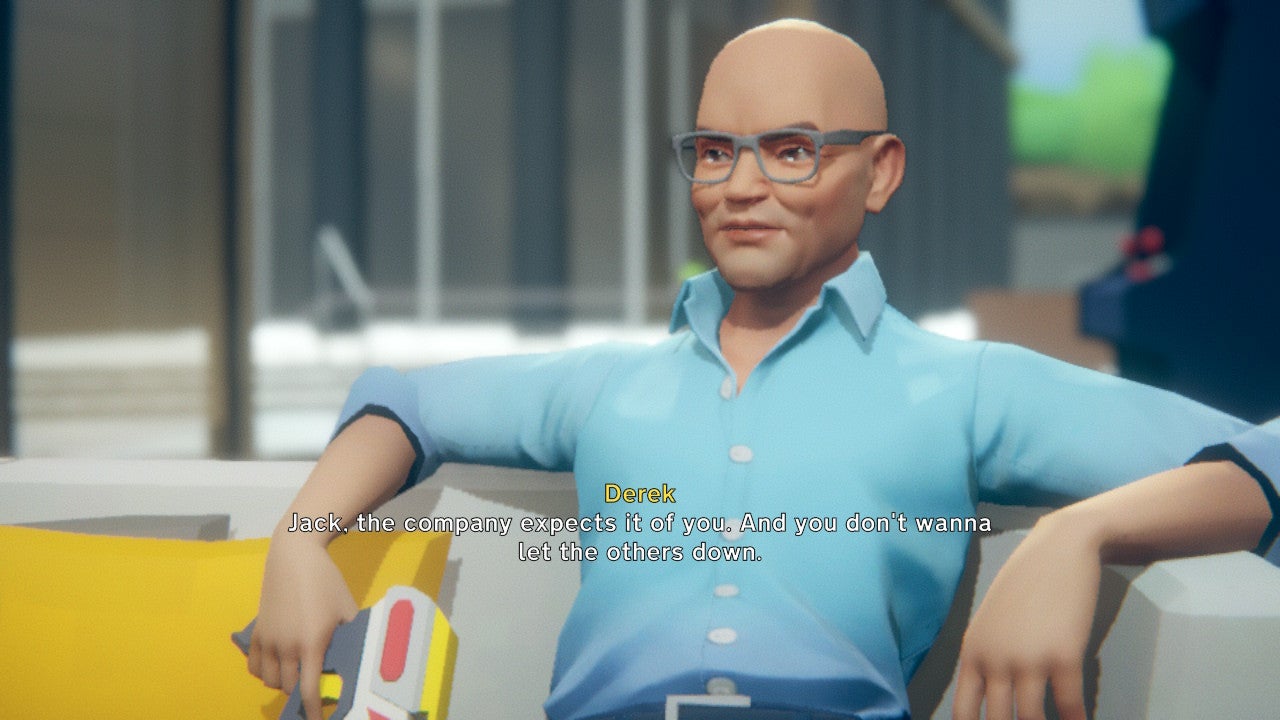 Derek stomps around the bullpen with a Nerf gun and uses it to score “headshots” on busy employees.