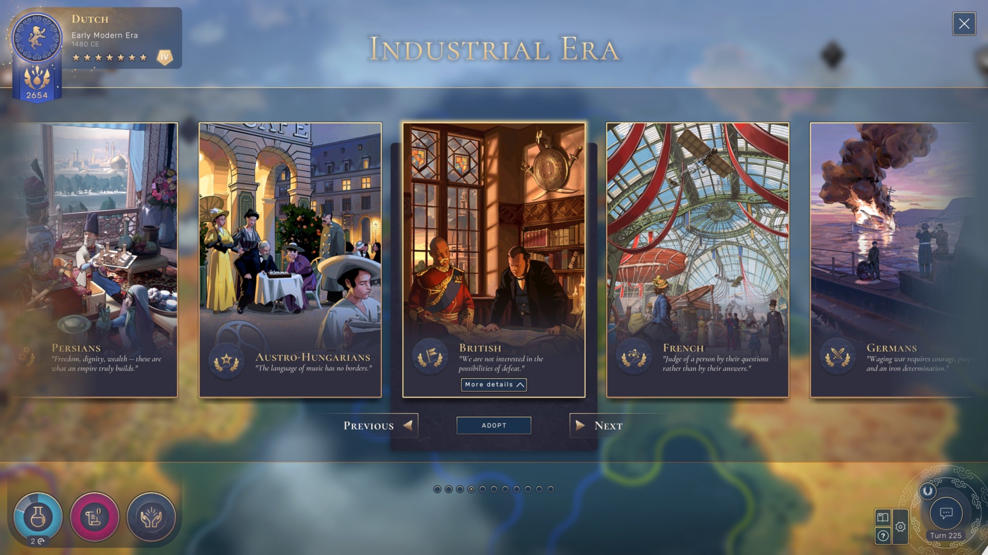 There’s a surprisingly varied selection of cultures to choose from every time you progress through an era (these are just the European options, there are also the Persians, Mexicans and Zulu to name a few), and most are only available once per game in one era only.